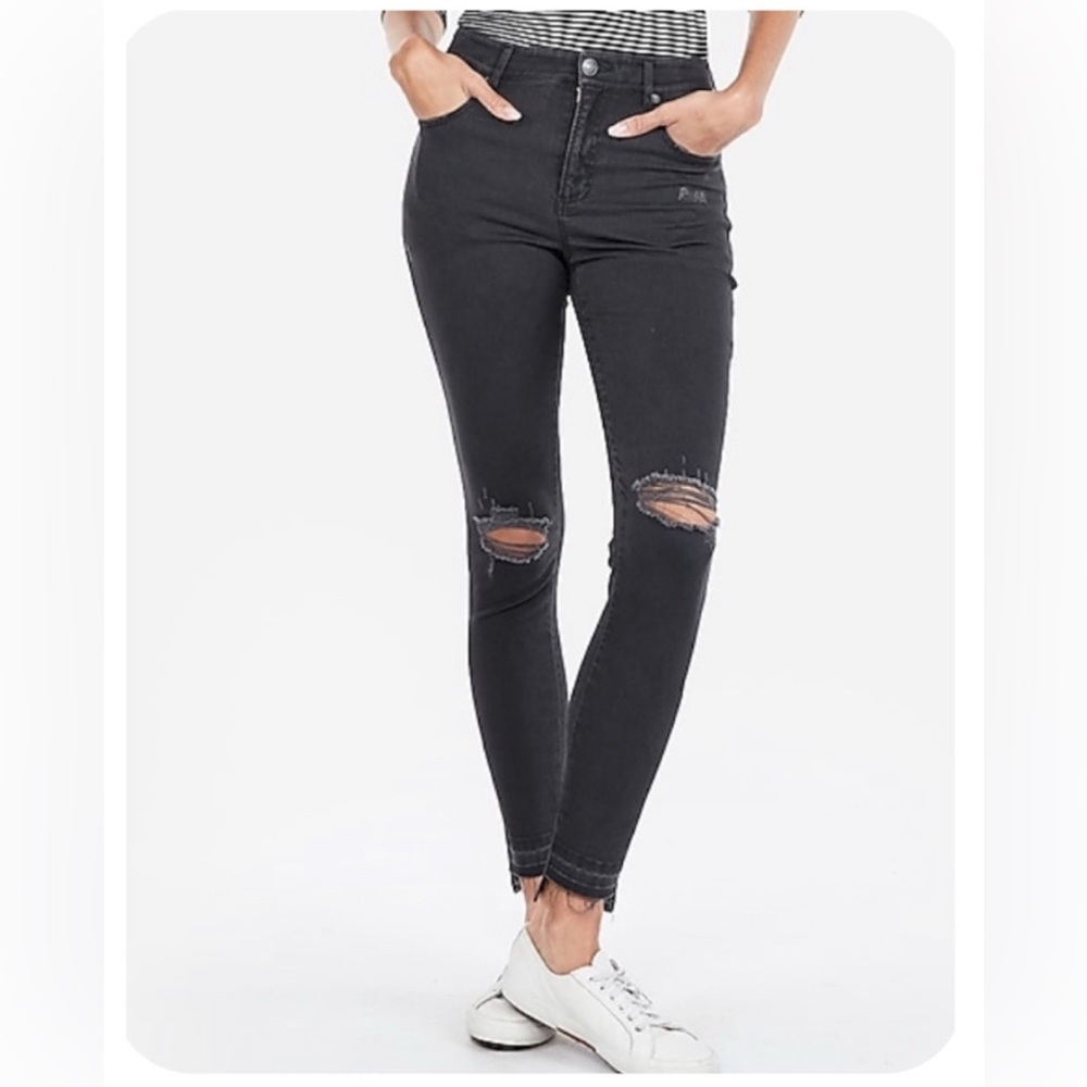 Express Jeans Black Ankle Skinny Leggings High-Rise Distressed Jeans Size 14 L